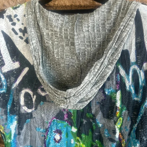 Elysee 26 Bold Green Blue Gray Print Hooded Long Sleeve Sweater Size Large - Picture 2 of 10